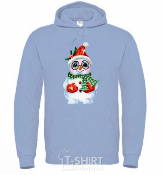 Men`s hoodie A snowman in mittens sky-blue фото