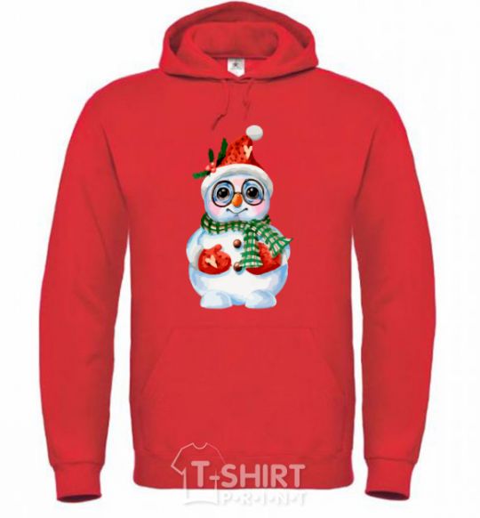 Men`s hoodie A snowman in mittens bright-red фото