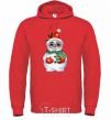 Men`s hoodie A snowman in mittens bright-red фото