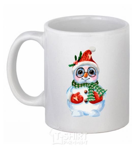 Ceramic mug A snowman in mittens White фото