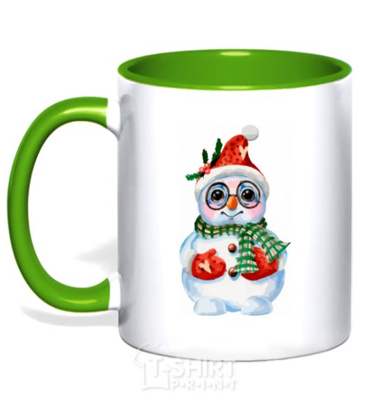 Mug with a colored handle A snowman in mittens kelly-green фото