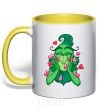 Mug with a colored handle Grinch with hearts yellow фото