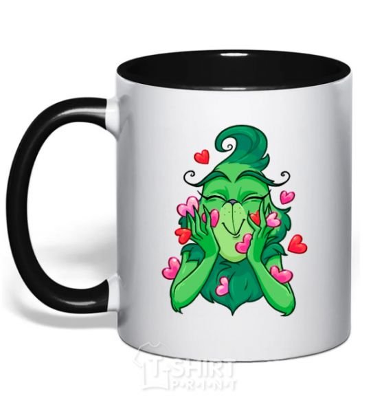 Mug with a colored handle Grinch with hearts black фото