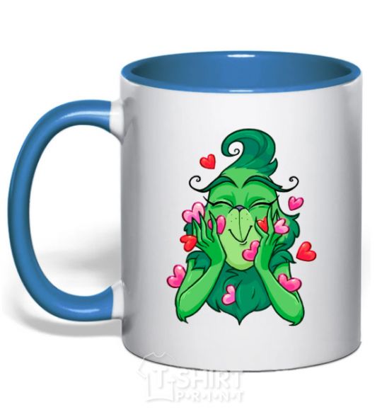 Mug with a colored handle Grinch with hearts royal-blue фото