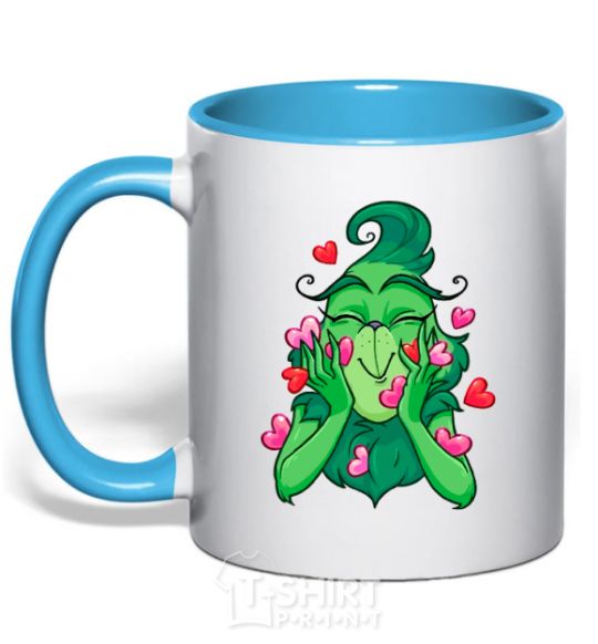 Mug with a colored handle Grinch with hearts sky-blue фото
