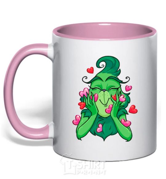 Mug with a colored handle Grinch with hearts light-pink фото