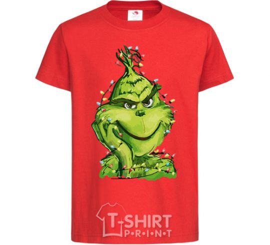 Kids T-shirt The Grinch in the garland red фото