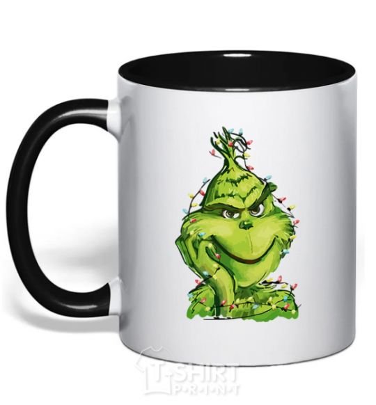 Mug with a colored handle The Grinch in the garland black фото