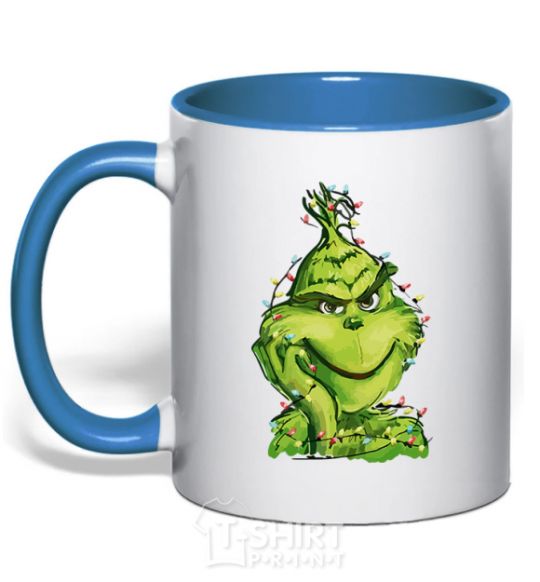 Mug with a colored handle The Grinch in the garland royal-blue фото