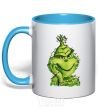 Mug with a colored handle The Grinch in the garland sky-blue фото