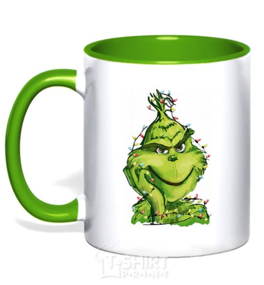 Mug with a colored handle The Grinch in the garland kelly-green фото