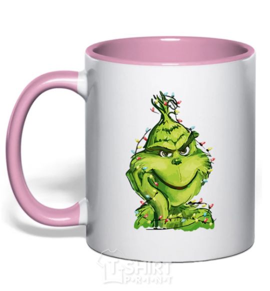 Mug with a colored handle The Grinch in the garland light-pink фото