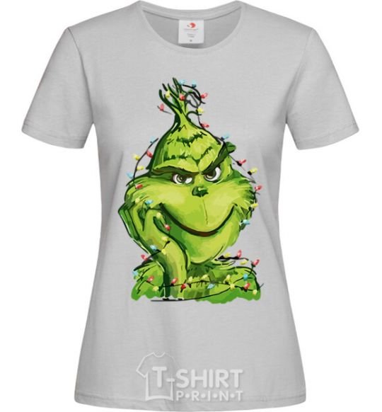 Women's T-shirt The Grinch in the garland grey фото