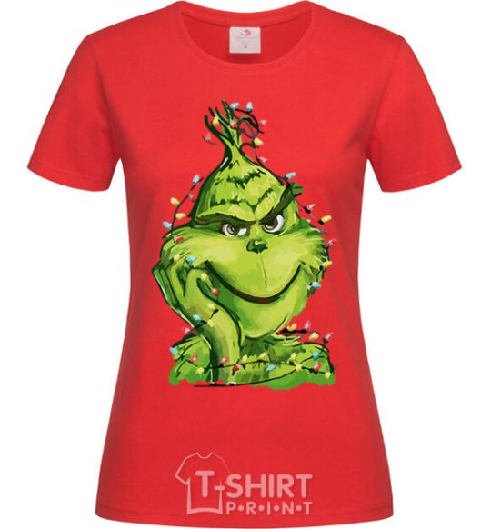 Women's T-shirt The Grinch in the garland red фото