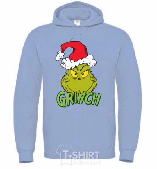Men`s hoodie A Grinch in a Santa Claus hat sky-blue фото