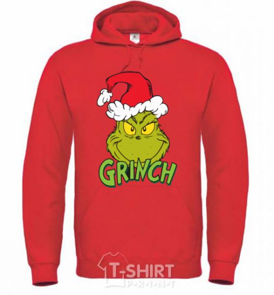 Men`s hoodie A Grinch in a Santa Claus hat bright-red фото