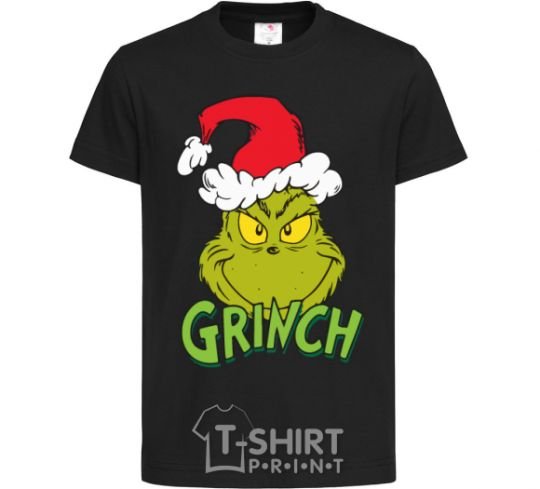 Kids T-shirt A Grinch in a Santa Claus hat black фото