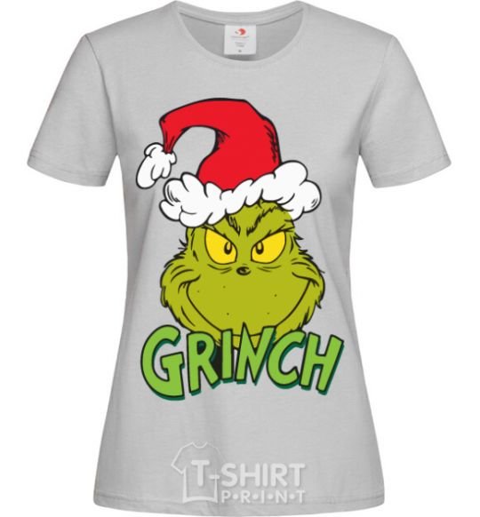 Women's T-shirt A Grinch in a Santa Claus hat grey фото