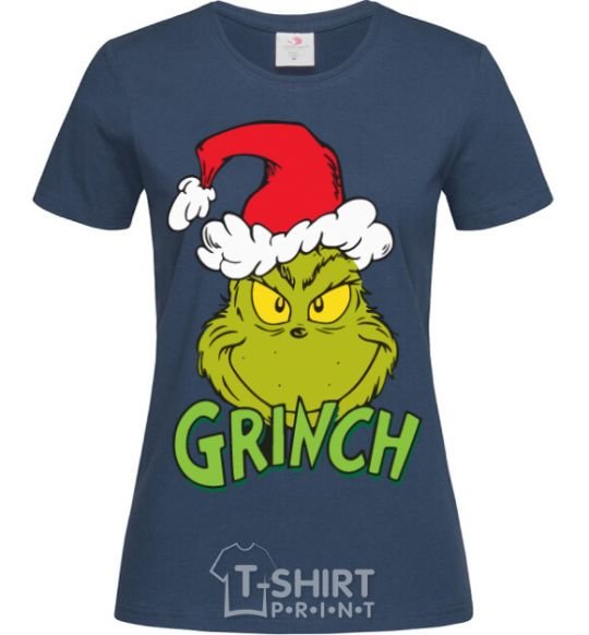 Women's T-shirt A Grinch in a Santa Claus hat navy-blue фото