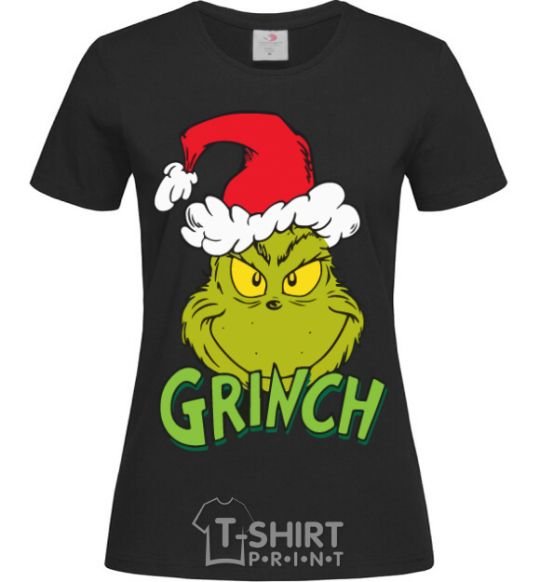 Women's T-shirt A Grinch in a Santa Claus hat black фото