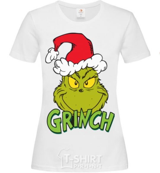 Women's T-shirt A Grinch in a Santa Claus hat White фото