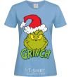 Women's T-shirt A Grinch in a Santa Claus hat sky-blue фото