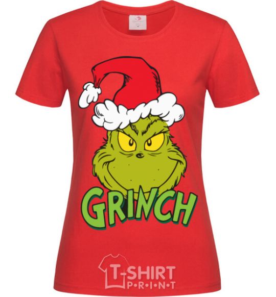 Women's T-shirt A Grinch in a Santa Claus hat red фото
