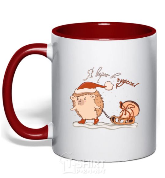 Mug with a colored handle Hedgehog, I believe in miracles red фото