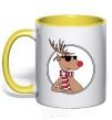 Mug with a colored handle A deer with glasses in a circle yellow фото