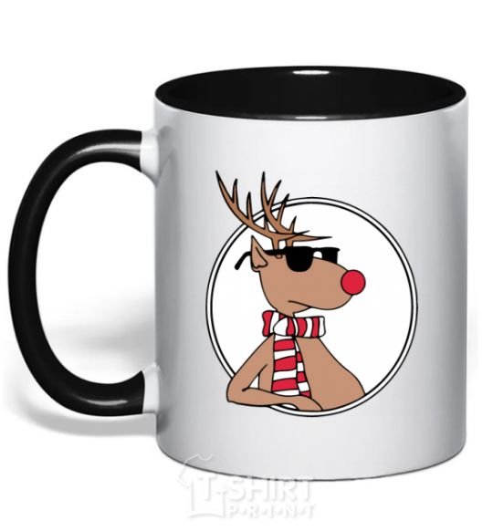 Mug with a colored handle A deer with glasses in a circle black фото