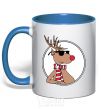 Mug with a colored handle A deer with glasses in a circle royal-blue фото