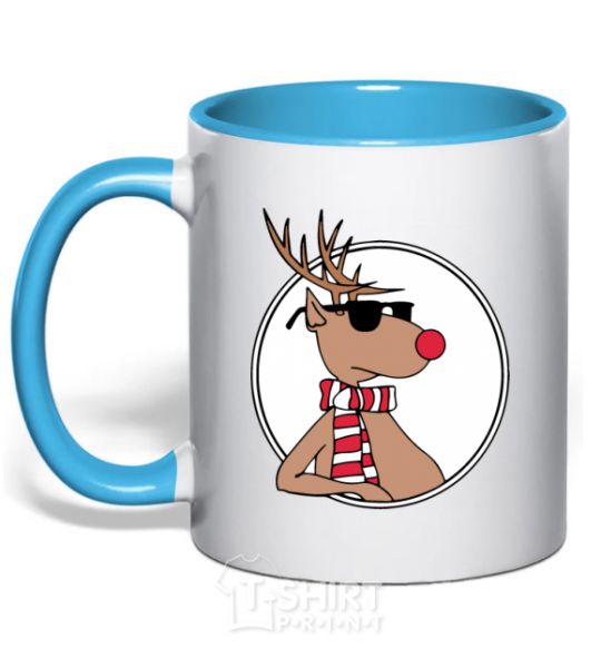 Mug with a colored handle A deer with glasses in a circle sky-blue фото