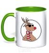 Mug with a colored handle A deer with glasses in a circle kelly-green фото