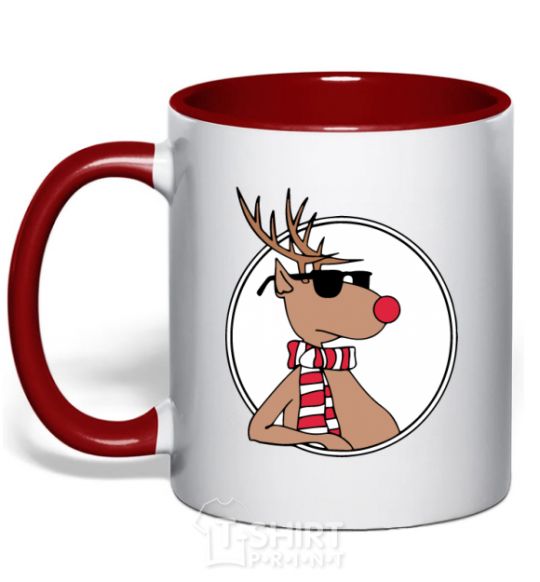 Mug with a colored handle A deer with glasses in a circle red фото