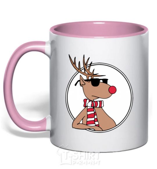 Mug with a colored handle A deer with glasses in a circle light-pink фото