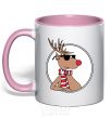 Mug with a colored handle A deer with glasses in a circle light-pink фото