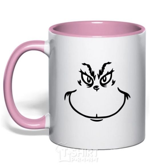 Mug with a colored handle The Grinch smiles light-pink фото