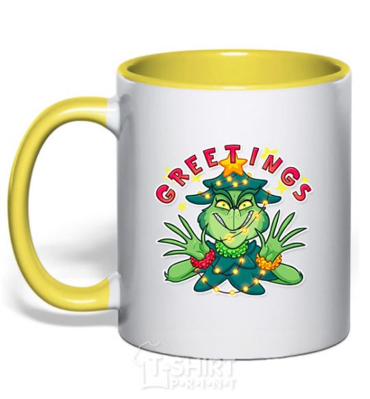 Mug with a colored handle Greetings Grinch yellow фото