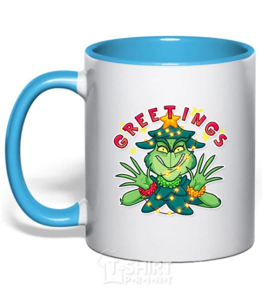 Mug with a colored handle Greetings Grinch sky-blue фото