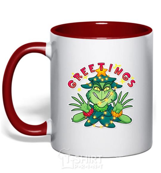 Mug with a colored handle Greetings Grinch red фото