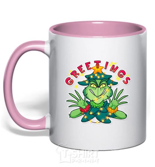 Mug with a colored handle Greetings Grinch light-pink фото