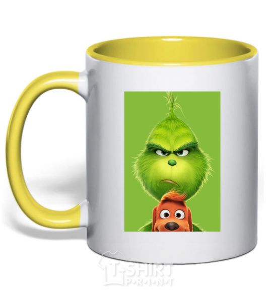 Mug with a colored handle The Grinch and the dog yellow фото
