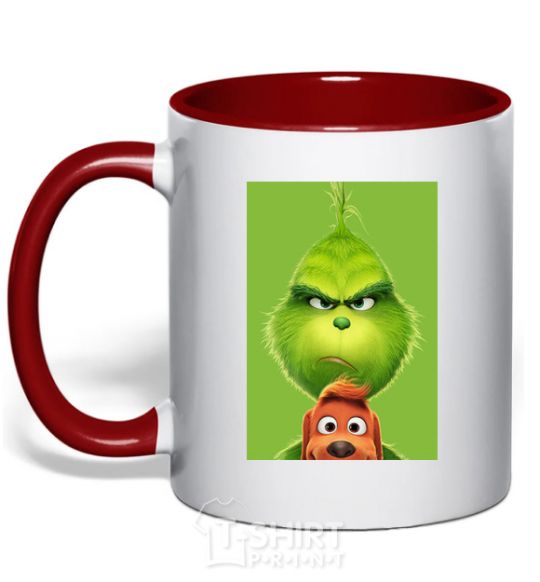 Mug with a colored handle The Grinch and the dog red фото