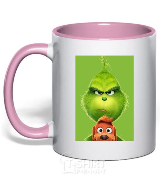 Mug with a colored handle The Grinch and the dog light-pink фото