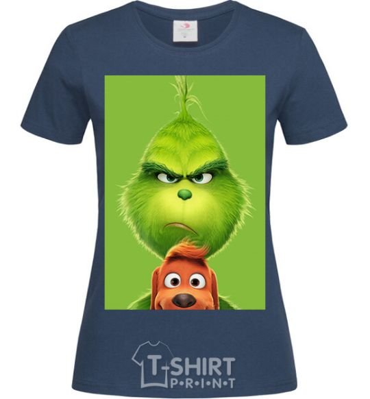 Women's T-shirt The Grinch and the dog navy-blue фото