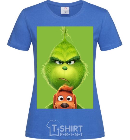 Women's T-shirt The Grinch and the dog royal-blue фото