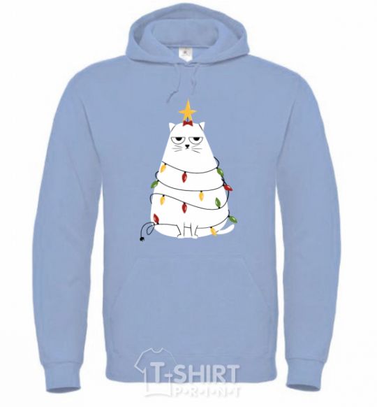 Men`s hoodie Kitty Christmas tree sky-blue фото