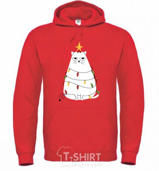 Men`s hoodie Kitty Christmas tree bright-red фото