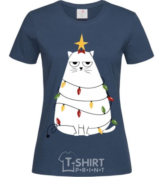 Women's T-shirt Kitty Christmas tree navy-blue фото
