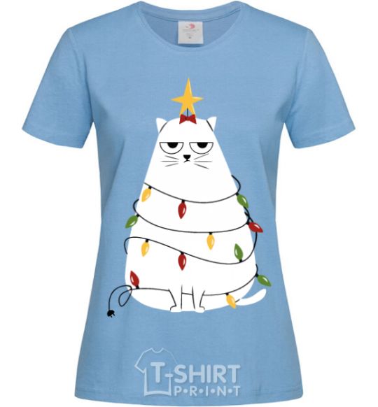 Women's T-shirt Kitty Christmas tree sky-blue фото